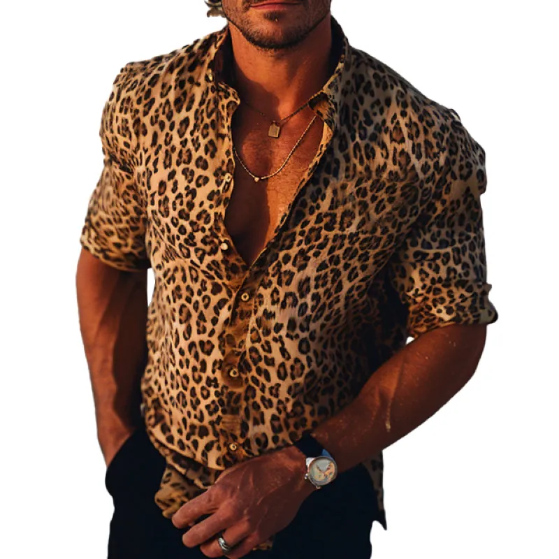 Men's Leopard Print Lapel Long Sleeve Shirt 70958397X sold by Manly