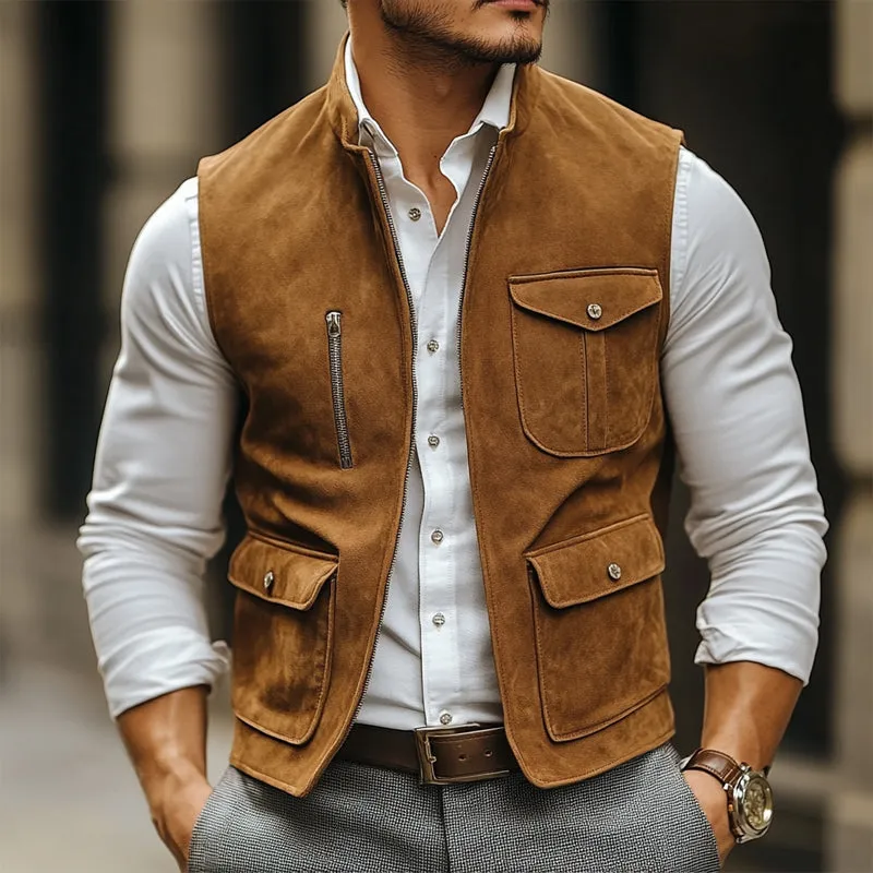 Men's Vintage Suede Stand Collar Zipper Multi-Pocket Vest 86716603U sold by Manly product image thumbnail 2