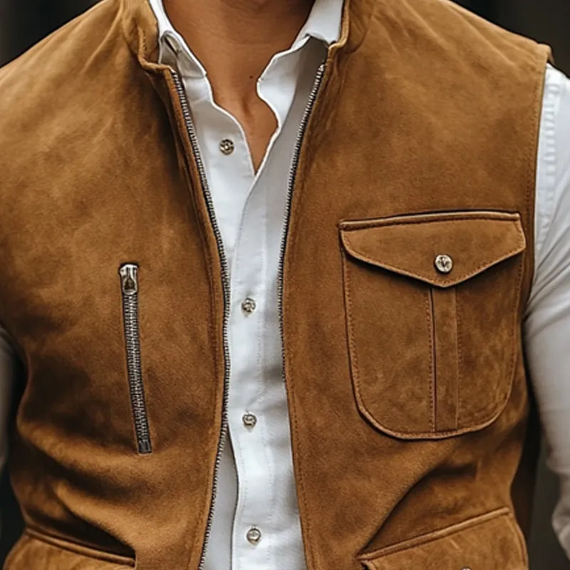 Men's Vintage Suede Stand Collar Zipper Multi-Pocket Vest 86716603U sold by Manly product image thumbnail 3