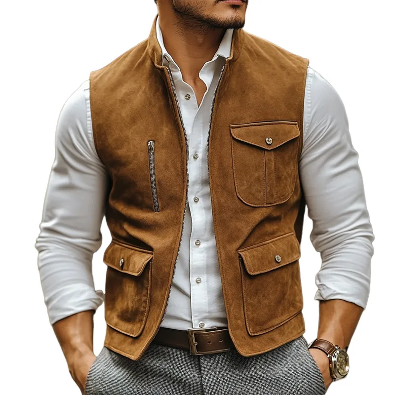 Men's Vintage Suede Stand Collar Zipper Multi-Pocket Vest 86716603U sold by Manly