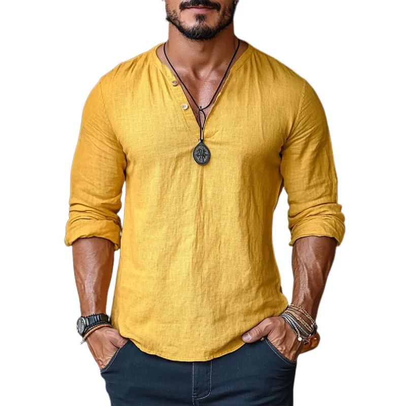 Men's Casual Yellow V-neck Linen Long Sleeve T-Shirt 72054359U sold by Manly