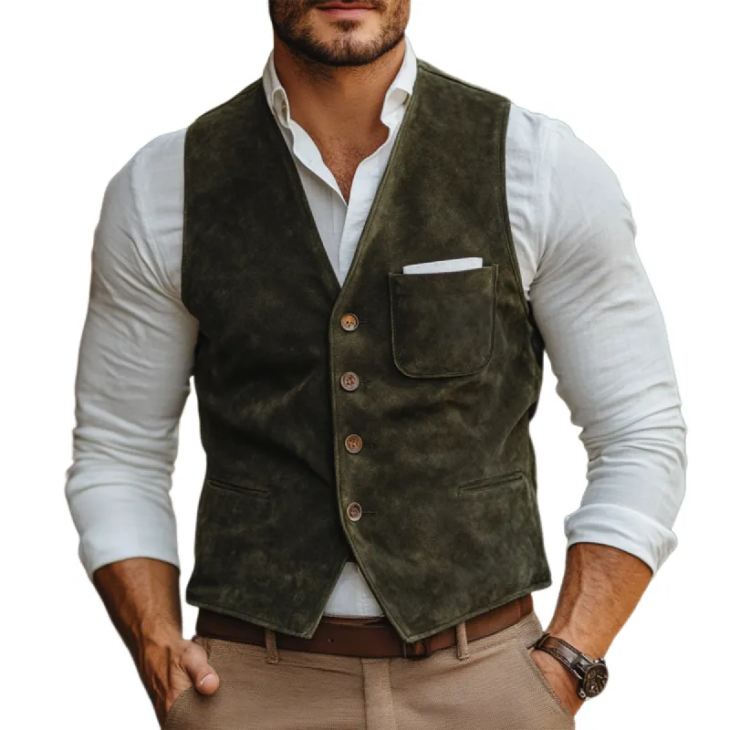 Men's Vintage Army Green Suede V-Neck Button Vest 10712546U sold by Manly