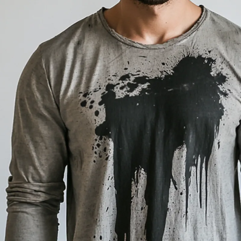 Men's Retro Casual Printed Distressed Round Neck Long Sleeve T-Shirt 79421438TO sold by Manly product image thumbnail 3