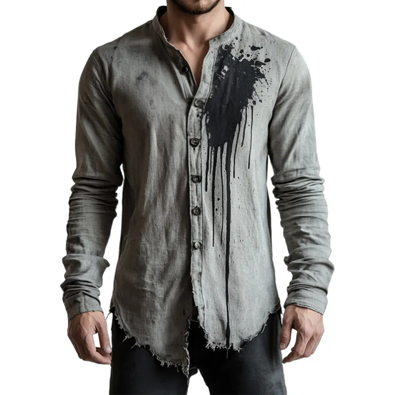 Men's Retro Casual Stand Collar Printed Distressed Long Sleeve Shirt 74850364TO sold by Manly