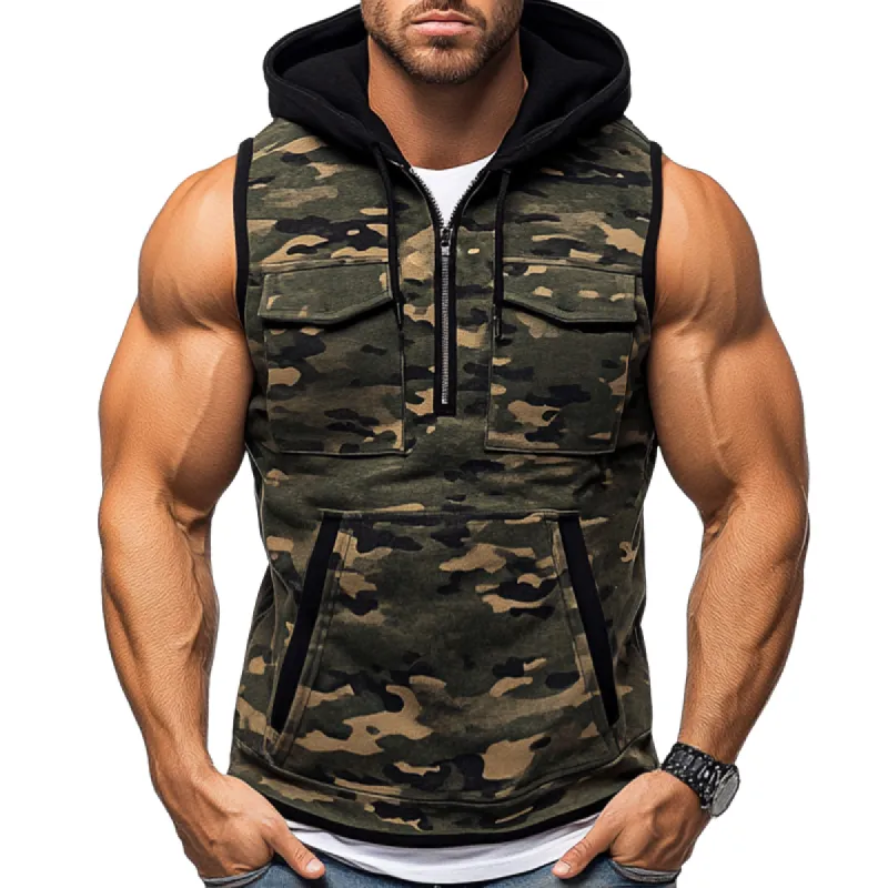 Men's Retro Casual Camouflage Print Pocket Hooded Vest 59152589TO sold by Manly