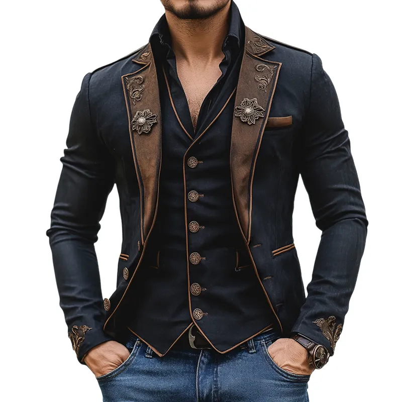 Men's Retro Casual Palace Style Western Embroidery Splicing Blazer 24490410TO sold by Manly