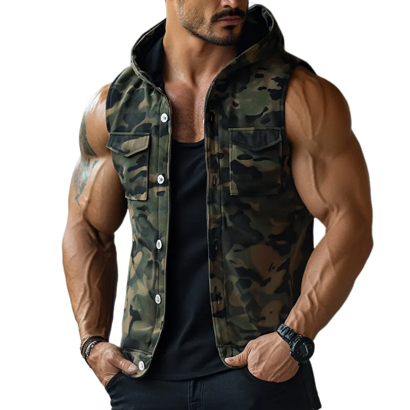 Men's Retro Casual Camouflage Print Pocket Hooded Vest 59945092TO sold by Manly