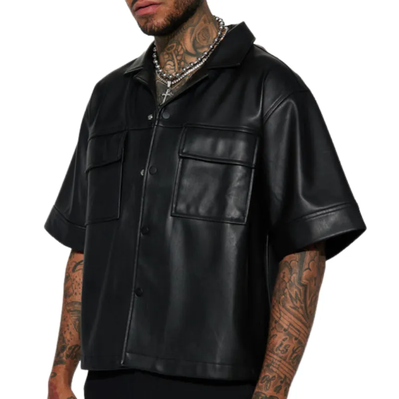 Men's Casual Solid Color Lapel Leather Short Sleeve Shirt 32939959F sold by Manly