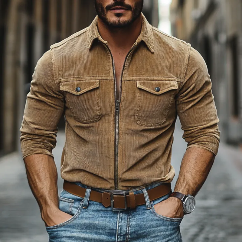 Men's Casual Lapel Corduroy Chest Pocket Zipper Placket Long Sleeve Shirt 37628129M sold by Manly product image thumbnail 2