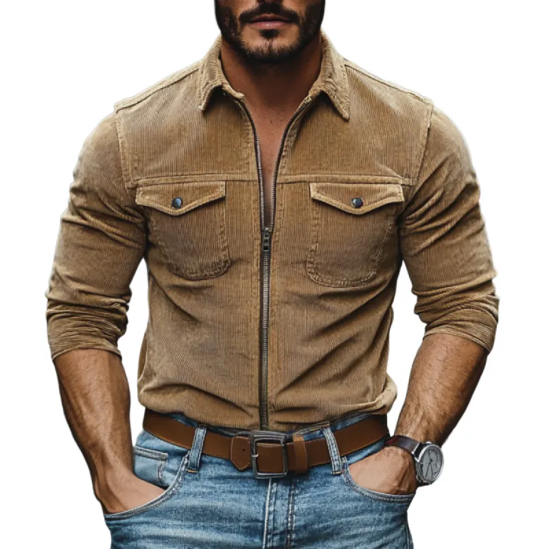 Men's Casual Lapel Corduroy Chest Pocket Zipper Placket Long Sleeve Shirt 37628129M sold by Manly
