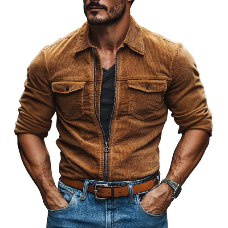 Men's Casual Lapel Corduroy Chest Pocket Zipper Placket Long Sleeve Shirt 67918427M sold by Manly
