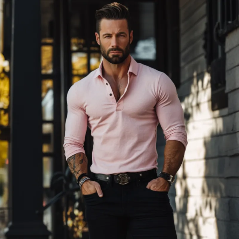 Men's Fashion Solid Color Slim Fit Buttons Lapel Long Sleeves Polo Shirt 38275435Y sold by Manly product image thumbnail 3