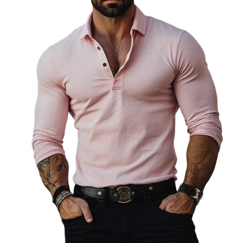 Men's Fashion Solid Color Slim Fit Buttons Lapel Long Sleeves Polo Shirt 38275435Y sold by Manly