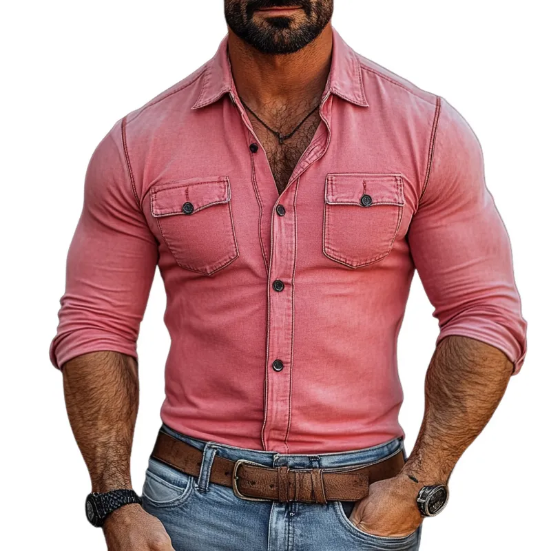 Men Fashion Washed Slim Fit Double Chest Pockets Long Sleeve Shirt 71858742Y sold by Manly