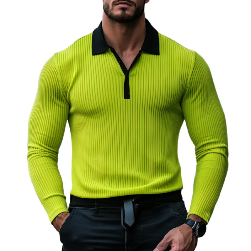 Men's Fashion Ottoman Rib Slim Fit Colorblock Long Sleeve Polo Shirt 33551913Y sold by Manly