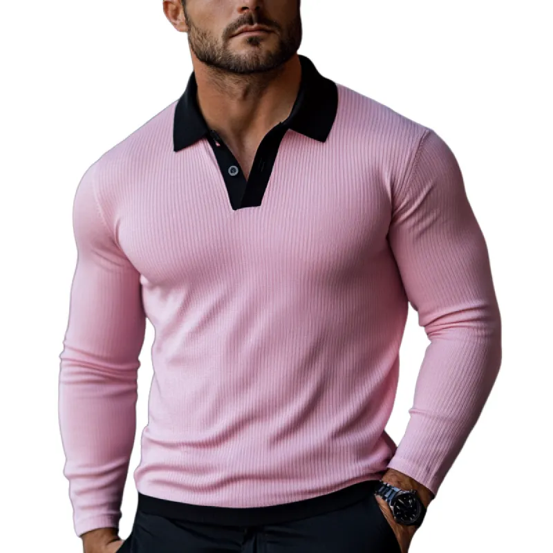 Men's Fashion Ottoman Rib Slim Fit Colorblock Long Sleeve Polo Shirt 21425241Y sold by Manly