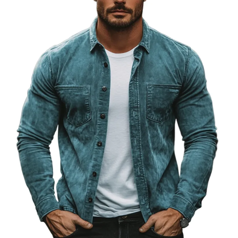 Men's Fashion Suede Slim Fit Lapel Long-Sleeved Shirt 72324995Y sold by Manly