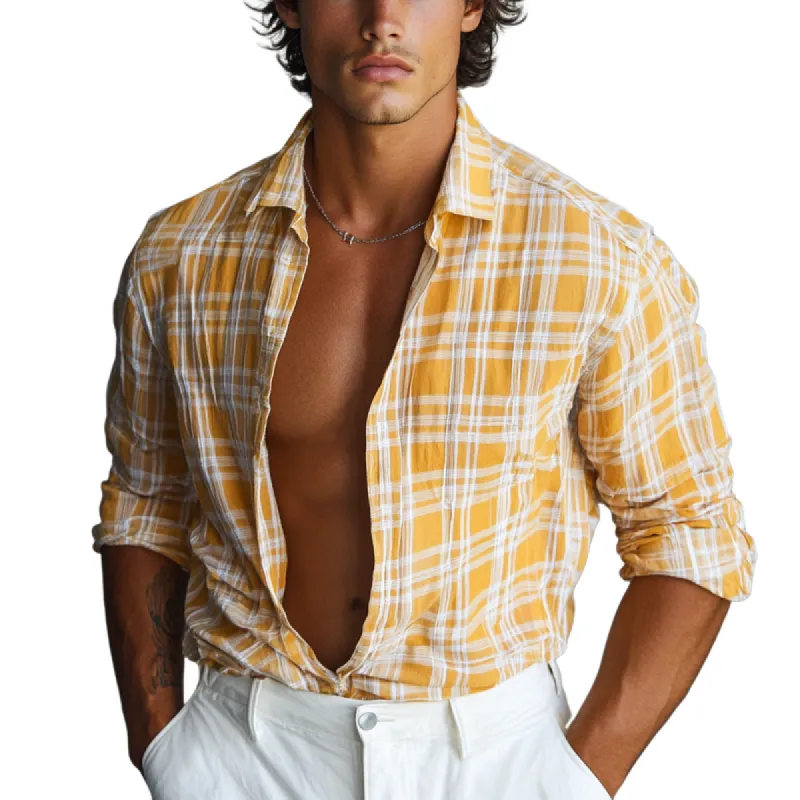 Men Fashion Check Lapel Long Sleeve Shirt 27770328Y sold by Manly