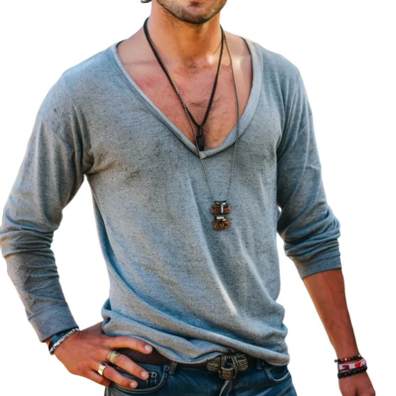 Men's Classic Casual V-Neck Cotton Long Sleeve T-Shirt 02177480K sold by Manly