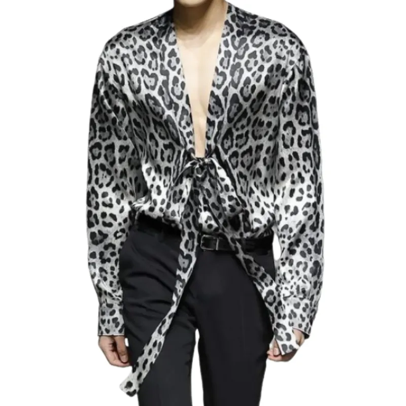 Men's Casual Fashion V-Neck Leopard Print Satin Long Sleeve Shirt 13833324K sold by Manly