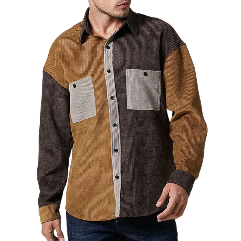 Men's Retro Casual Loose Corduroy Colorblock Long Sleeve Shirt 32509683U sold by Manly