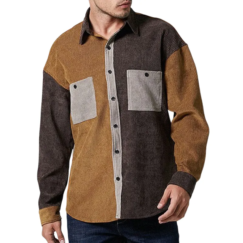 Men's Retro Casual Loose Corduroy Colorblock Long Sleeve Shirt 32509683U sold by Manly