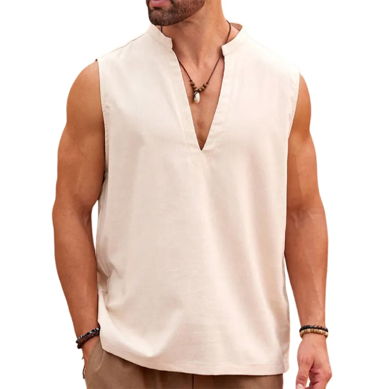 Men's Simple Casual Loose Apricot V-neck Cotton Tank Top 26053152U sold by Manly