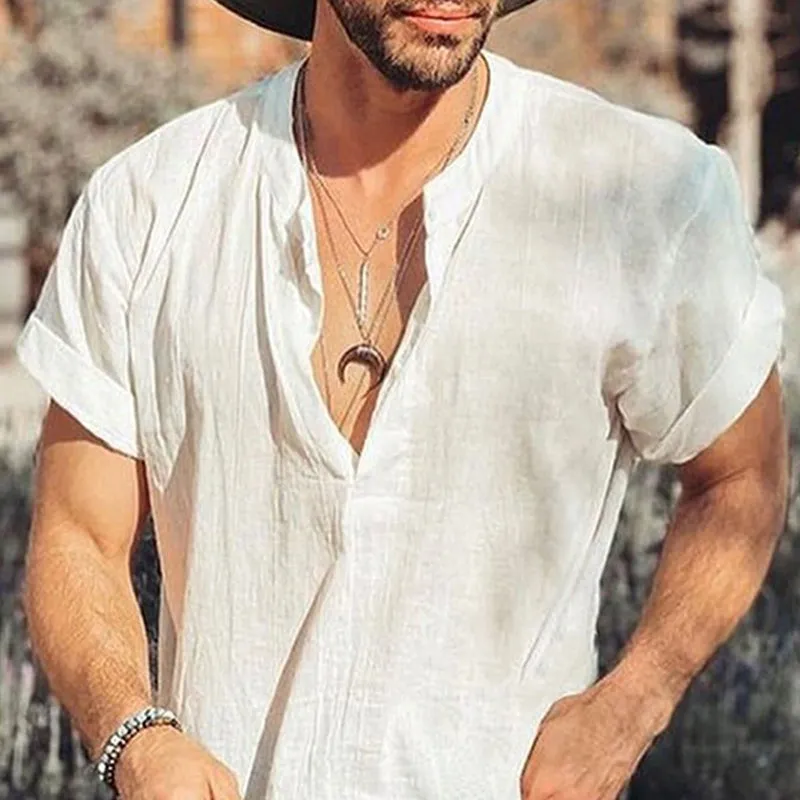 Men's Linen Skin-friendly Solid Color Short-sleeved T-shirt 91161749U sold by Manly product image thumbnail 2