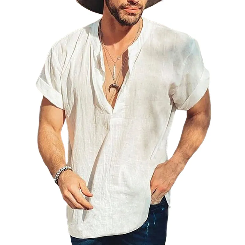 Men's Linen Skin-friendly Solid Color Short-sleeved T-shirt 91161749U sold by Manly