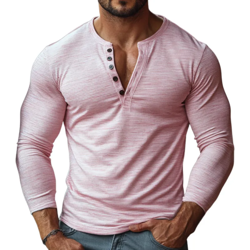 Men's Casual Cotton Blend Stripe Henley Collar Slim Fit Long Sleeve T-Shirt 03454788M sold by Manly