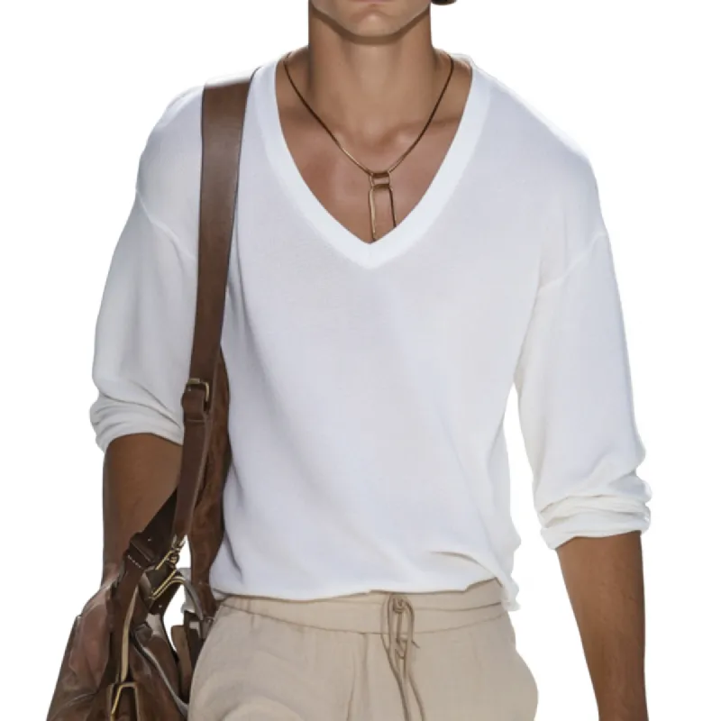 Men's Casual Deep V-Neck Waffle Loose Long Sleeve T-Shirt 97765566M sold by Manly