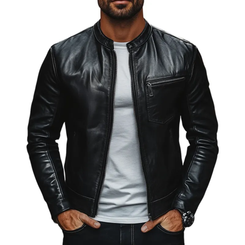 Men's Casual Stand Collar Zip-up Slim Fit PU Leather Jacket 76364438M sold by Manly