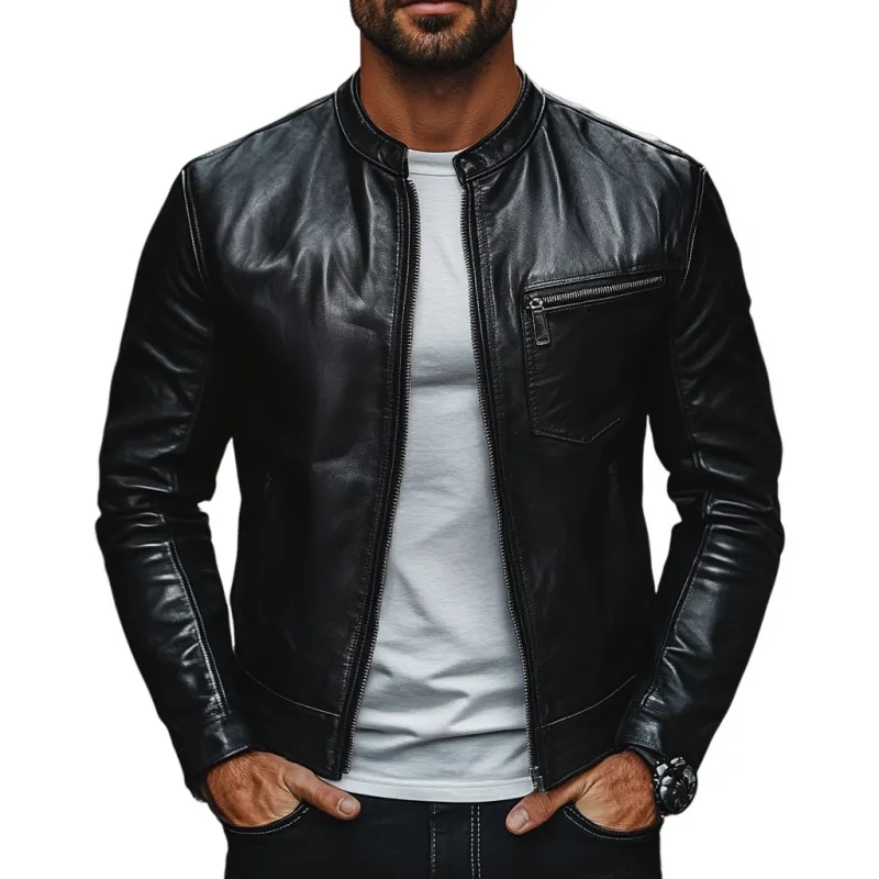 Men's Casual Stand Collar Zip-up Slim Fit PU Leather Jacket 76364438M sold by Manly