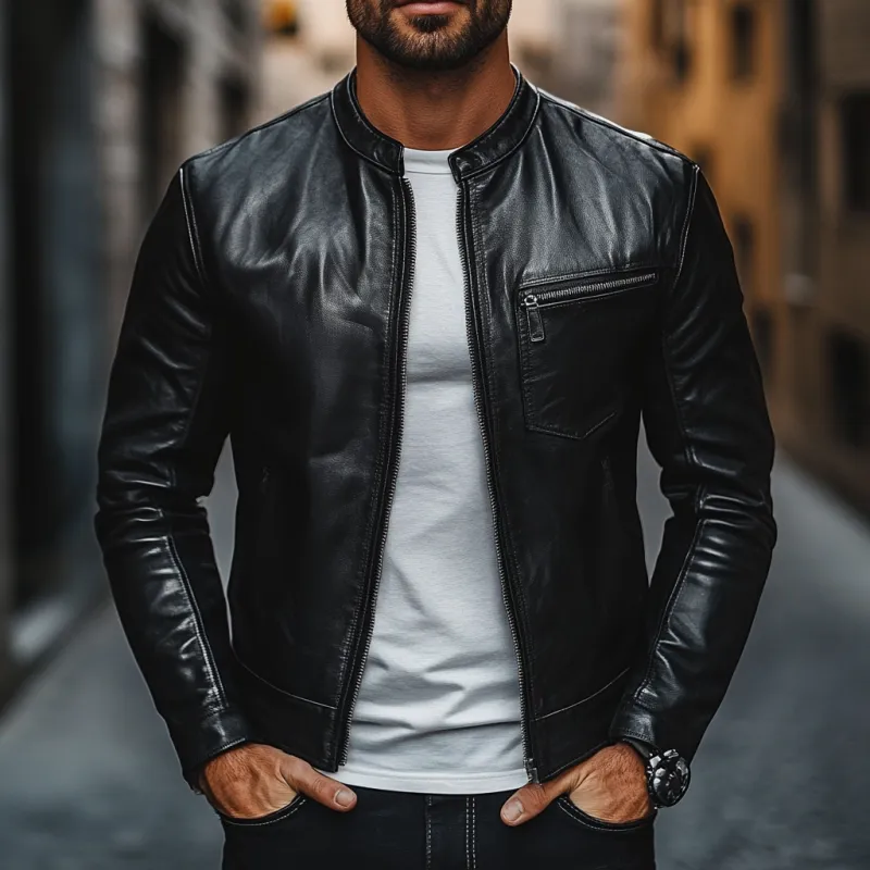 Men's Casual Stand Collar Zip-up Slim Fit PU Leather Jacket 76364438M sold by Manly product image thumbnail 2