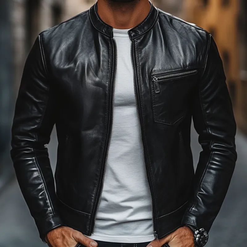 Men's Casual Stand Collar Zip-up Slim Fit PU Leather Jacket 76364438M sold by Manly product image thumbnail 3