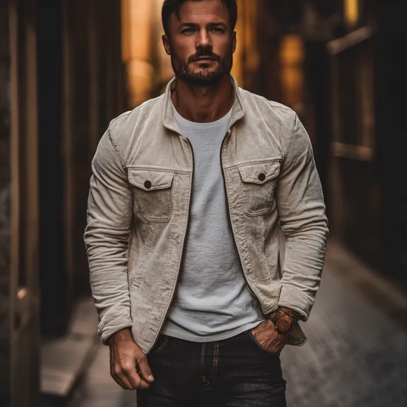 Men's Casual Stand Collar Corduroy Zipper Chest Pocket Loose Shirt Jacket 17000378M sold by Manly product image thumbnail 3