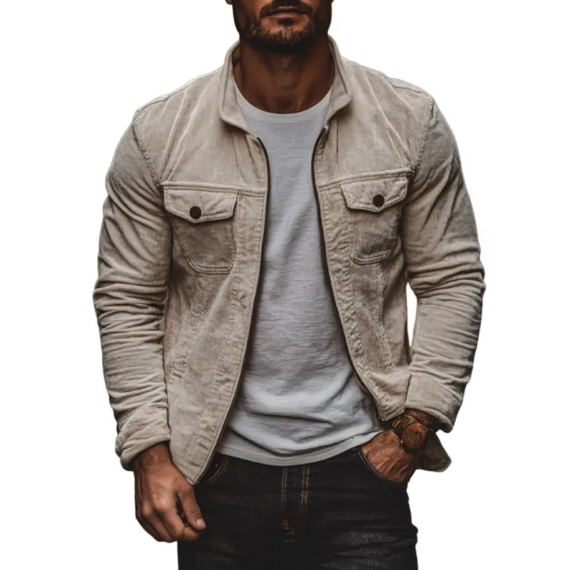 Men's Casual Stand Collar Corduroy Zipper Chest Pocket Loose Shirt Jacket 17000378M sold by Manly