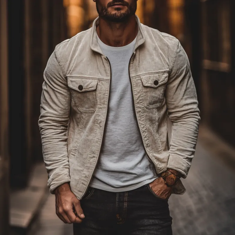 Men's Casual Stand Collar Corduroy Zipper Chest Pocket Loose Shirt Jacket 17000378M sold by Manly product image thumbnail 2