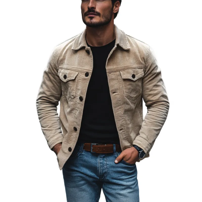 Men's Casual Lapel Corduroy Chest Pocket Loose Long Sleeve Shirt 52313238M sold by Manly