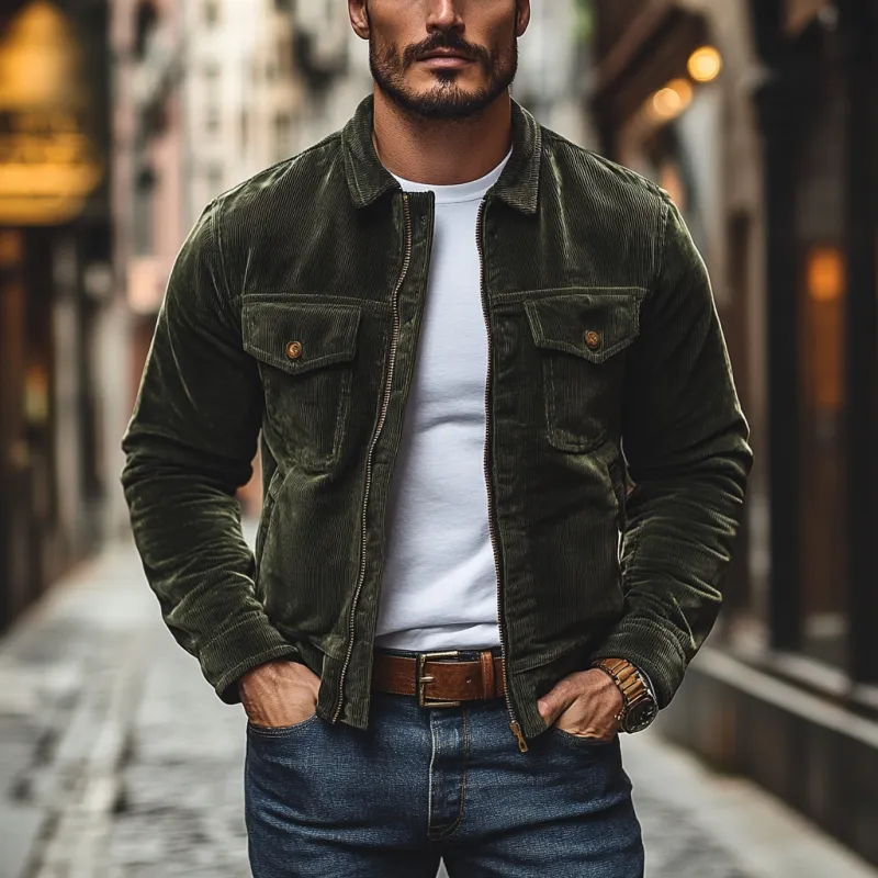 Men's Casual Lapel Corduroy Multi-pocket Zipper Placket Loose Jacket 88696376M sold by Manly product image thumbnail 2