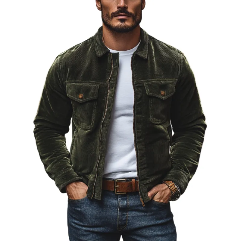 Men's Casual Lapel Corduroy Multi-pocket Zipper Placket Loose Jacket 88696376M sold by Manly