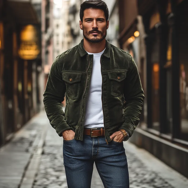 Men's Casual Lapel Corduroy Multi-pocket Zipper Placket Loose Jacket 88696376M sold by Manly product image thumbnail 3