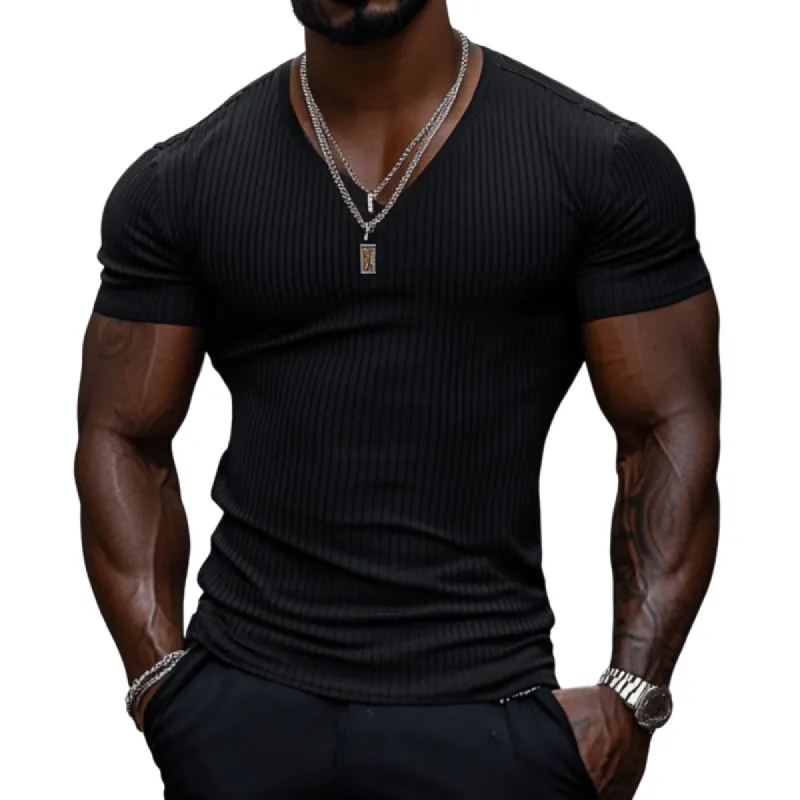 Men's Casual Ribbed Cotton Blend V-neck Slim Fit Short-sleeved T-shirt 97890330M sold by Manly