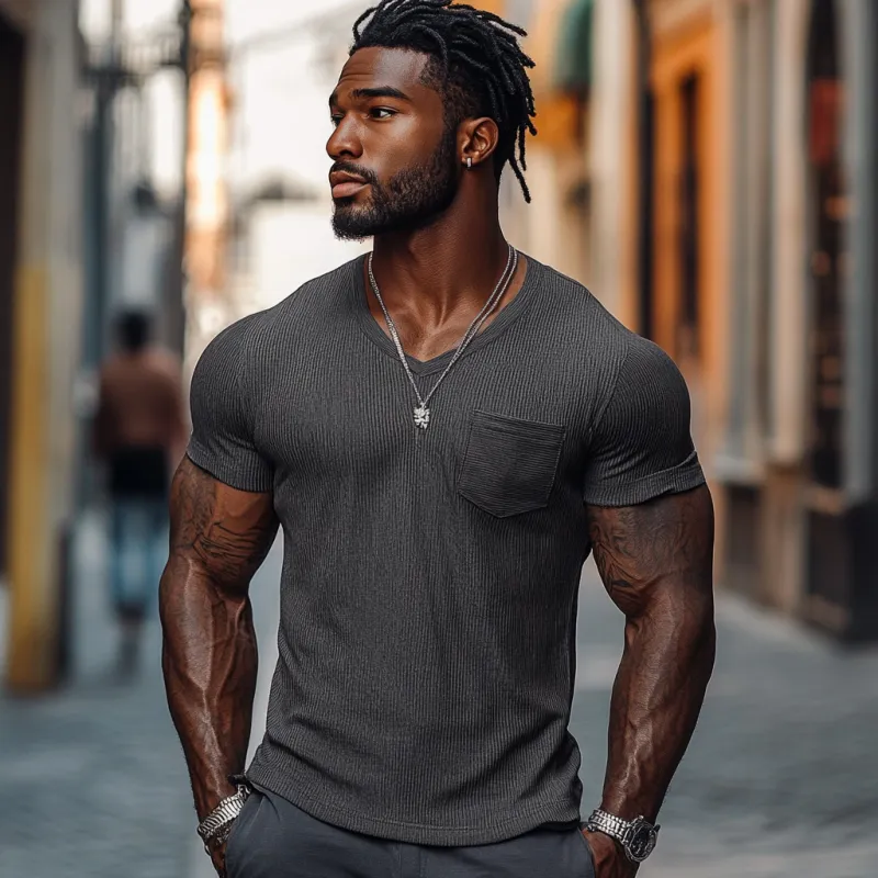 Men's Casual Ribbed Cotton Blend V-neck Slim Fit Short-sleeved T-shirt 51265184M sold by Manly product image thumbnail 3