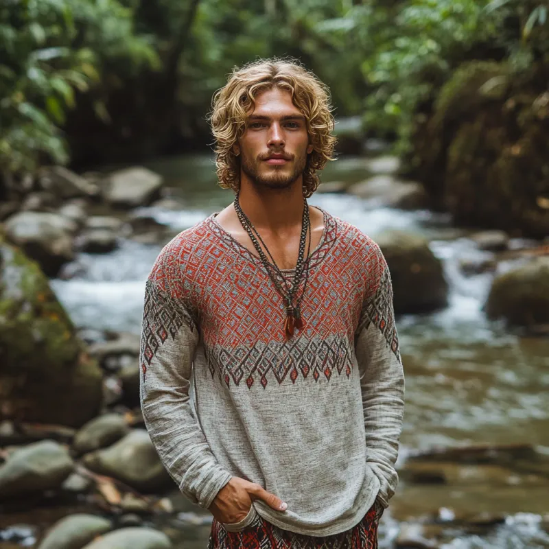 Men's Bohemian Print Round Neck Long Sleeve Loose Fit Shirt 17244052Z sold by Manly product image thumbnail 3