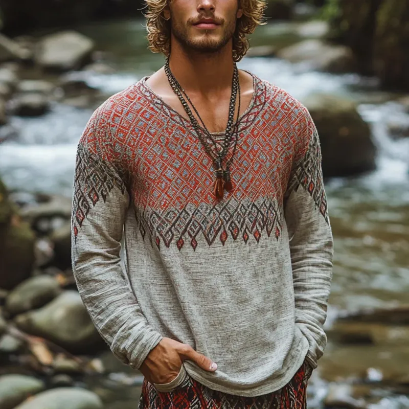 Men's Bohemian Print Round Neck Long Sleeve Loose Fit Shirt 17244052Z sold by Manly product image thumbnail 2