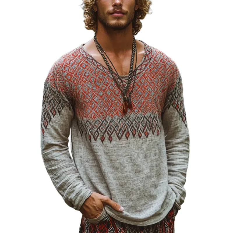 Men's Bohemian Print Round Neck Long Sleeve Loose Fit Shirt 17244052Z sold by Manly