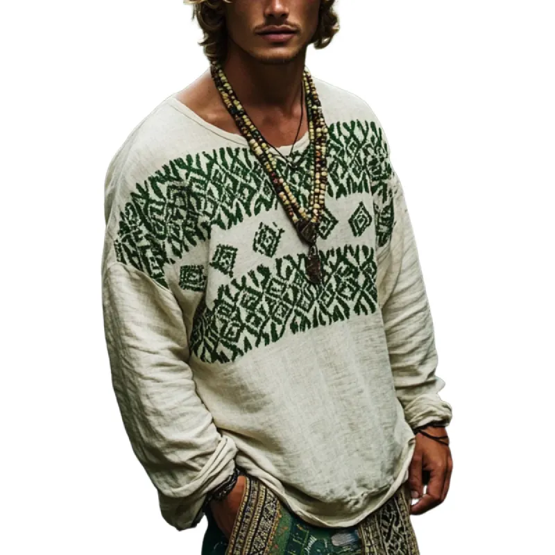 Men's Bohemian Print Round Neck Long Sleeve Loose Fit Shirt 93481871Z sold by Manly