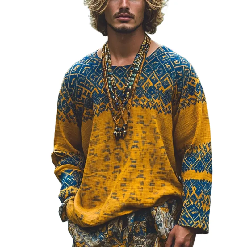 Men's Bohemian Print Round Neck Long Sleeve Loose Fit Shirt 53602186Z sold by Manly