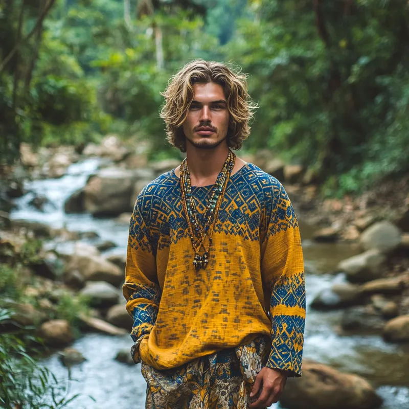 Men's Bohemian Print Round Neck Long Sleeve Loose Fit Shirt 53602186Z sold by Manly product image thumbnail 3